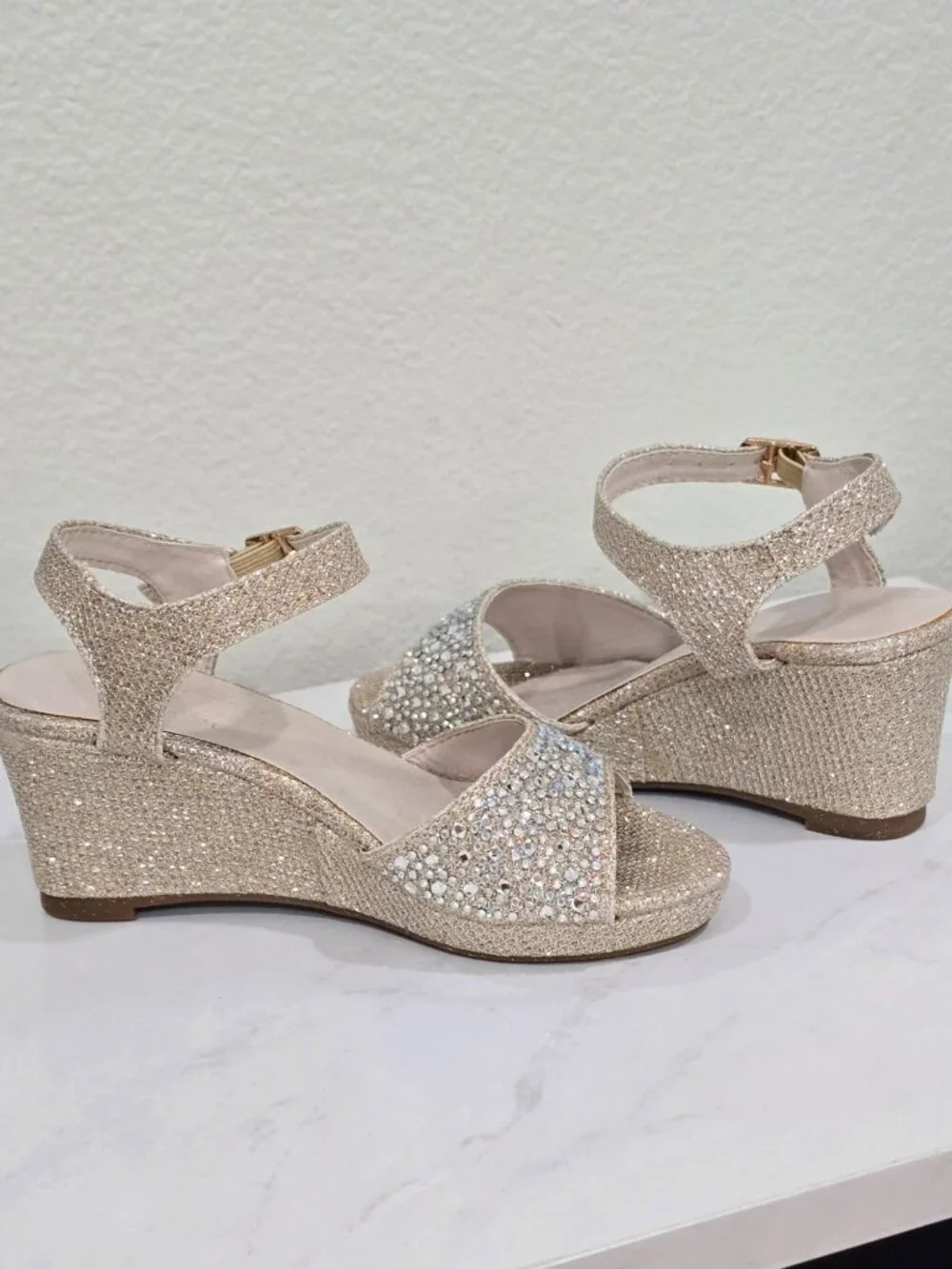 David’s Bridal ✦ Gold Glitter Wedge Sandal ✦ Rhinestones Adjustable Strap Heel 9